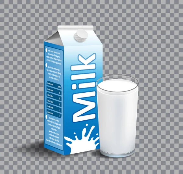 透明な背景に分離したミルクのカートンのパッケージです。現実的な杯の牛乳。ブランディングのための酪農製品。ベクトル図 — ストックベクタ