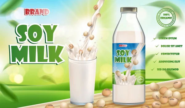 Butelka mleka sojowego i szkła z splash na białym tle na drewnianym stole z bokeh. Produkty sojowe mleko pakiet projektowania. ilustracja wektorowa 3D — Wektor stockowy