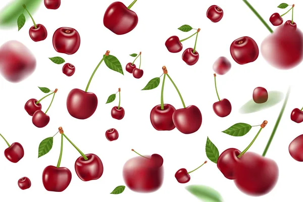 Caída realista elementos maduros cereza. Cereza roja realista con hojas de fondo aisladas en blanco. Ilustración vectorial 3d — Vector de stock