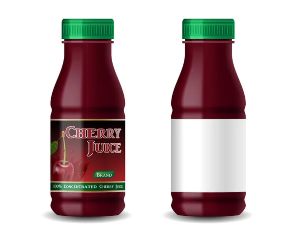 Bouteille réaliste de jus de cerise isolée sur blanc. Conception d'emballage de jus 3d et avec étiquette vierge. Illustration vectorielle — Image vectorielle