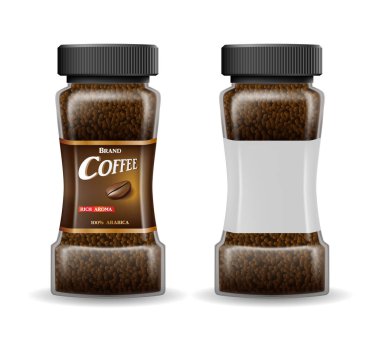 Hazır kahve cam sürahi kahve granülleri ile. Ürün paketi şablon tasarımı üzerinde beyaz izole. 3D illüstrasyon vektör