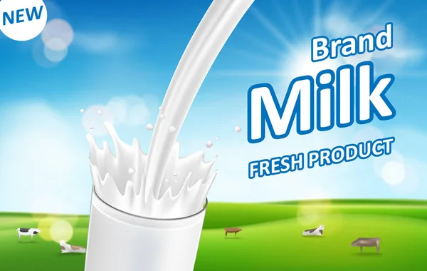 Latte versando giù con spruzzi isolati su sfondo bokeh con erba verde. Design del pacchetto prodotti lattiero-caseari. latticini illustrazione vettoriale — Vettoriale Stock