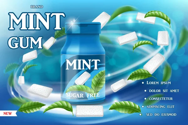 Realistische mint kauwgom poster advertenties. De verpakking van de gom met swirl van groene bladeren op blauwe achtergrond. Product pakket sjabloonontwerp. 3d illustratie vector — Stockvector