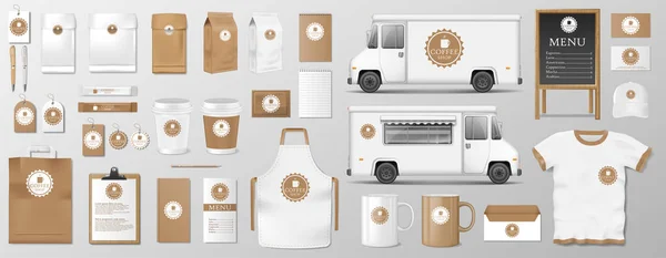 咖啡店、咖啡厅或餐厅的样机。咖啡食品包装为企业形象设计。逼真的纸板, 食品搬运车, 杯子, 包, 衬衫, 菜单 — 图库矢量图片
