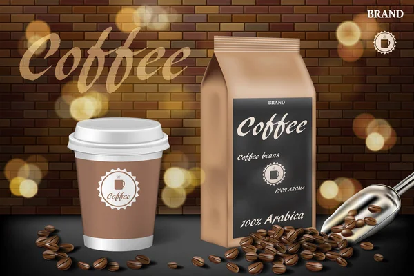 Fasulye reklamları ile kahve fincanı. sıcak arabica kahve 3D Illustration. Ürün kağıt çanta ambalaj tasarımı tuğla arka plan ile. Vektör — Stok Vektör