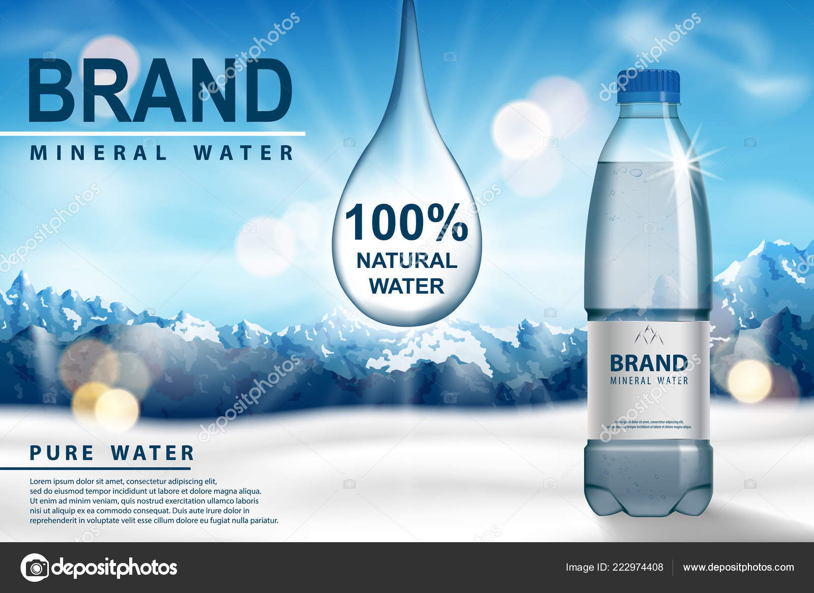 Mineral water ad, plastic bottle with pure mineral liquid on snow with