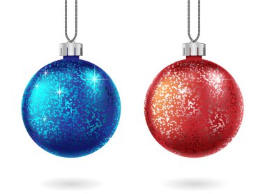 Parlak Noel kırmızı ve mavi top izole kümesi. Köpüklü glitter önemsiz şey. Noel ve yeni yıl önemsiz şey kartları, afiş veya tatil dekorasyon için. Vektör çizim.