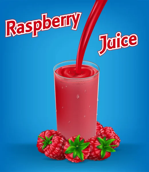 Iklan jus raspberry, dengan percikan diisolasi pada latar belakang biru. wadah kaca dengan raspberry Juice merah. Ilustrasi berry Vektor realistis untuk desain paket Anda - Stok Vektor
