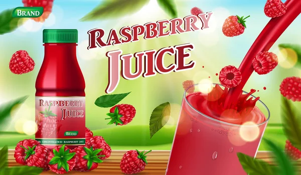 Botol jus raspberry dengan percikan di atas meja kayu. paket wadah jus buah. 3d real summer ripe raspberry Vector illustration for your design - Stok Vektor
