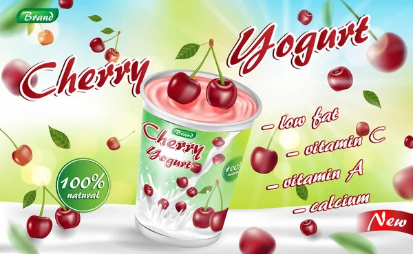 Envase de yogur de cereza aislado con cereza madura realista que cae. Paquete de productos de yogur crema anuncio. Ilustración vectorial — Vector de stock
