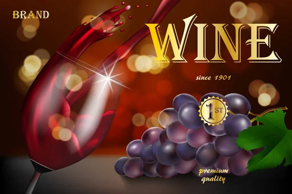 Banner publicitario de vino, botella de vidrio con uva sobre fondo rojo con texto dorado. Copa de vino transparente con salpicadura para el diseño del restaurante. 3d vector ilustración . — Vector de stock