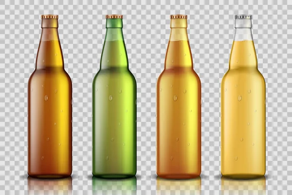 Zestaw realistyczne butelki piwa z cieczy na białym tle na przezroczystym tle. puste butelki piwa Mock up szablon dla produktu pakietu. Ilustracja wektorowa. — Wektor stockowy