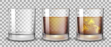 Viski, ROM, viski veya konyak gözlük olmadan ve alkol ile dizi. Şeffaf alkol gözlük gerçekçi bir tarzda iç. 3D illüstrasyon vektör