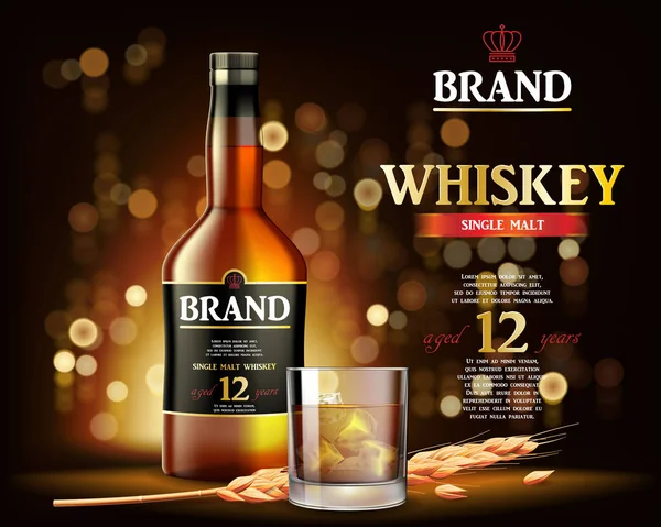 Whiskey Drink ads with ice coube design. Botella de whisky de vidrio realista sobre fondo dorado brillante. Ilustración vectorial 3d — Vector de stock