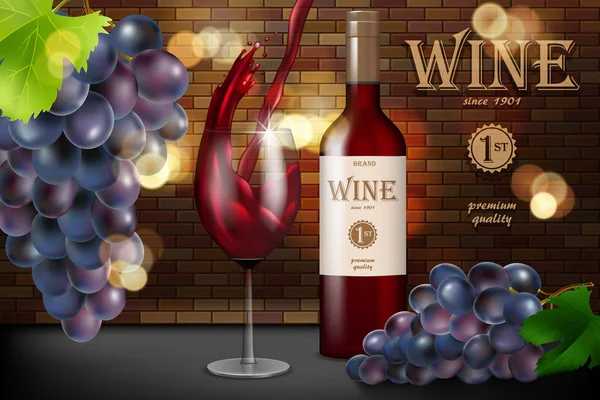 Červené víno ad, skleněná láhev s hroznovým vínem na cihlové pozadí, retro styl designu. Sklenice na víno transparentní s úvodní menu restaurace. 3D vektorové ilustrace. — Stockový vektor