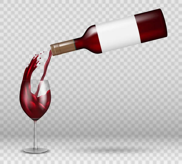प्रतिबिंब के साथ पारदर्शी शराब की बोतल और वाइनग्लास मॉकअप। लाल शराब तरल अलग ग्लास में स्प्लैश के साथ नीचे बह रहा है। ड्रॉप के साथ शराब पेय वेक्टर चित्र . — स्टॉक वेक्टर