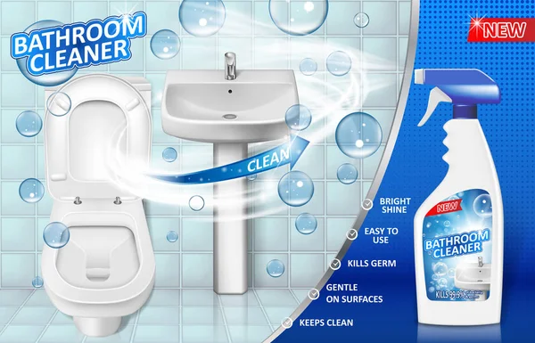 Banyo temizlik reklam afişi, sprey şişe mockup ile sıvı sabun deterjan için banyo lavabo ve tuvalet kabarcıkları ile. 3D vektör çizim — Stok Vektör