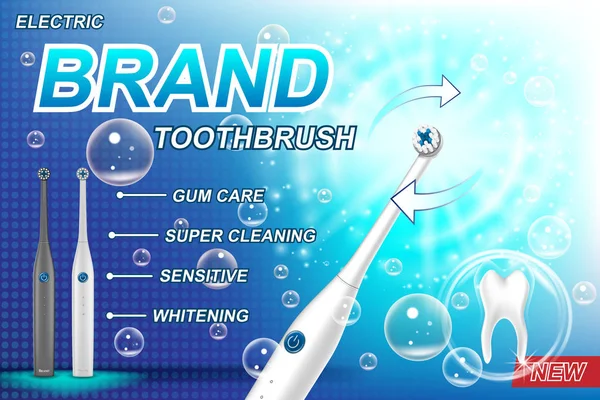 Концепція реклами зубної щітки. Модель зубів та дизайн упаковки продуктів для плакатної реклами та маркетингу. 3d Векторна ілюстрація зубної щітки . — стоковий вектор