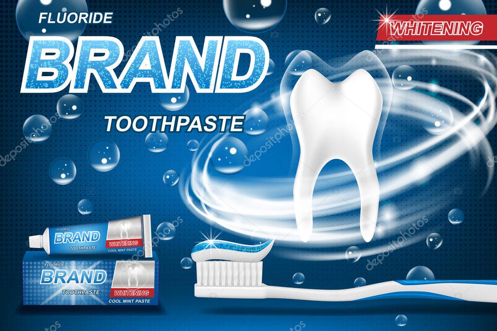 Whitening toothpaste concept, isolated on blue. Tooth model and product package design for toothpaste poster or advertising. 3d Vector illustration EPS 10