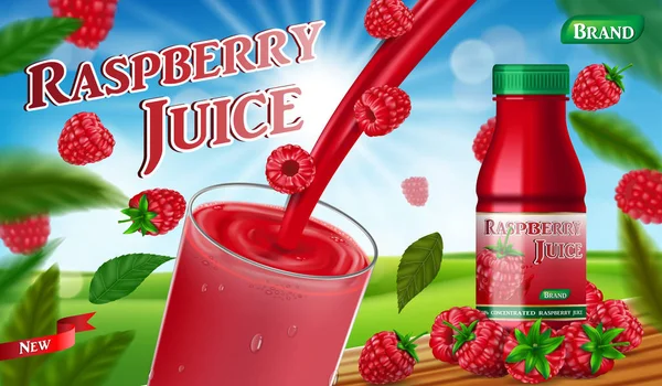 Botol jus raspberry dengan percikan di atas meja kayu. paket wadah jus buah. Desain banner raspberry matang merah 3d realistis. Ilustrasi vektor - Stok Vektor