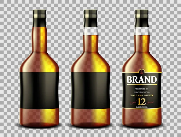 Conjunto de uísque, rum, bourbon ou garrafa de vidro conhaque com álcool e sem. Garrafas transparentes Beba em um estilo realista. Ilustração vetorial 3d — Vetor de Stock