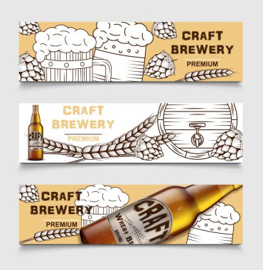 Set of beer brewery vintage vector banners with beer and hops. poster of beer card, sketch alcohol beverage. Vector illustration EPS 10