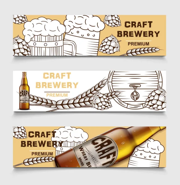 Ensemble Bannières Vectorielles Vintage Brasserie Bière Avec Bière Houblon Affiche — Image vectorielle