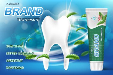 Diş macunu reklamlar beyazlatma, arka plan nane yaprakları. Diş macunu poster veya reklam için model ve ürün paket tasarım diş. 3D vektör çizim.
