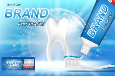 Beyazlatıcı diş macunu reklamlar. Diş modeli ve diş bakımı ürün tasarım diş macunu poster veya reklam için paket. 3D vektör çizim.