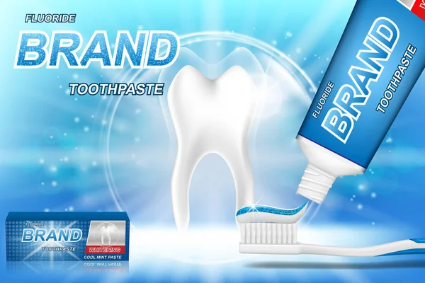 Відбілювання реклами зубної пасти. Модель зубів та дизайн пакету для догляду за зубною пастою плакат або рекламу. 3d Векторні ілюстрації . — стоковий вектор
