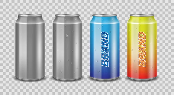 Aluminum can empty and with label. Realistic can with water drops for beer, juice or energy drink mockup isolated. Vector template for your design. — Stok Vektör