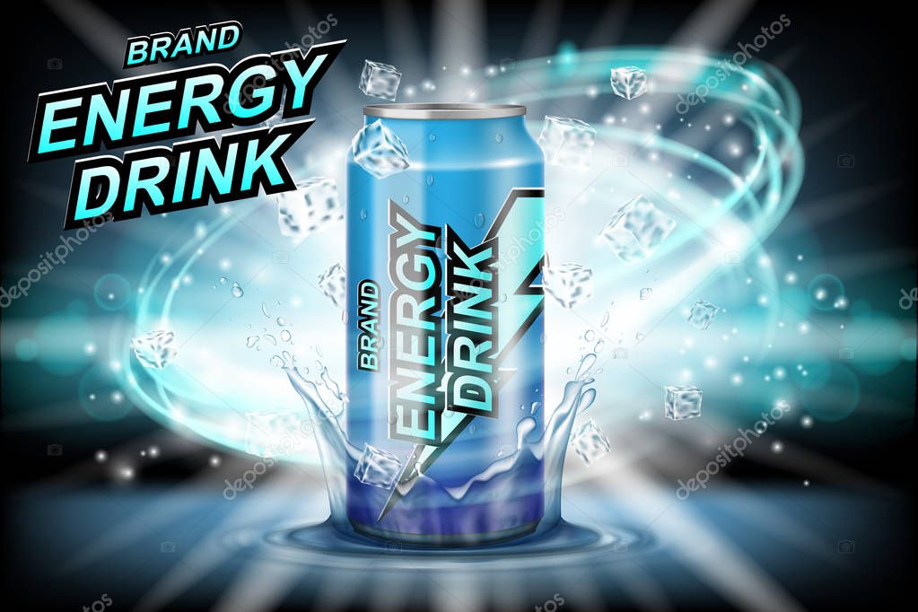 Energy drink label ads with ice cubes on dark background. Package design energy drink for poster or banner. Realistic aluminium can mock up. Vector 3d illustration EPS 10
