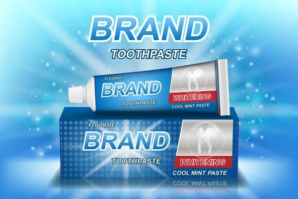 Dentifrice blanchissant annonces isolées sur bleu. Modèle de dent et conception d'emballage de produit pour l'affiche ou la publicité de soins dentaires. Illustration vectorielle 3d . — Image vectorielle