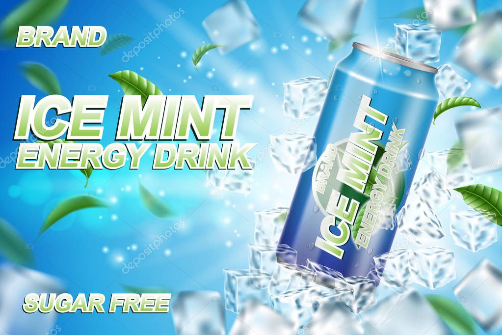 Energy drink label ads with ice cubes and mint leaves. Package design energy drink for poster or banner. Realistic aluminium can mock up. Vector 3d illustration EPS 10