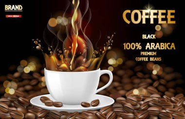 Arabica siyah kahve fincanı sıçrama ve fasulye reklamları ile. sıcak arabica kahve kupa 3D Illustration. Ürün tasarımı. Vektör