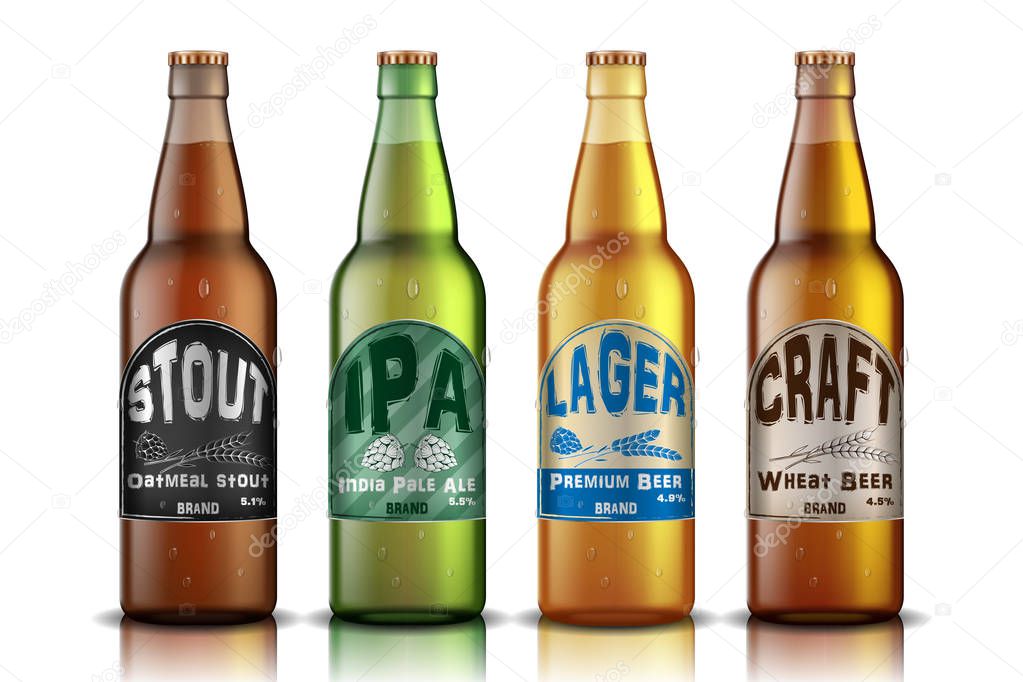 Craft Beer Label design. beer contained in glass bottle, with hops and golden ripe wheat ad. Vector 3d illustration