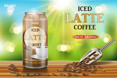 Latte Kahve alüminyum ile süt ve fasulye reklamlar olabilir. sıcak arabica kahve paket tasarım ahşap masa ve bokeh arka plan üzerinde 3D Illustration. Vektör