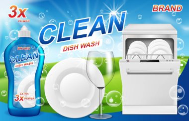 Dish wash soap ads. Realistic plastic dishwashing packaging with detergent gel design. Liquid soap with clean dishes for dishwasher machine. 3d vector illustration clipart