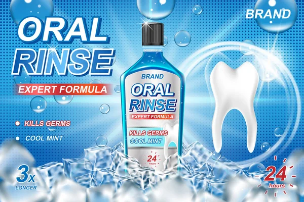 Anúncios de lavagem bucal, refrescante produto de lavagem bucal com cubos de gelo. White tooth and Oral rinse package Banner design on blue background. ilustração vetorial 3d . —  Vetores de Stock