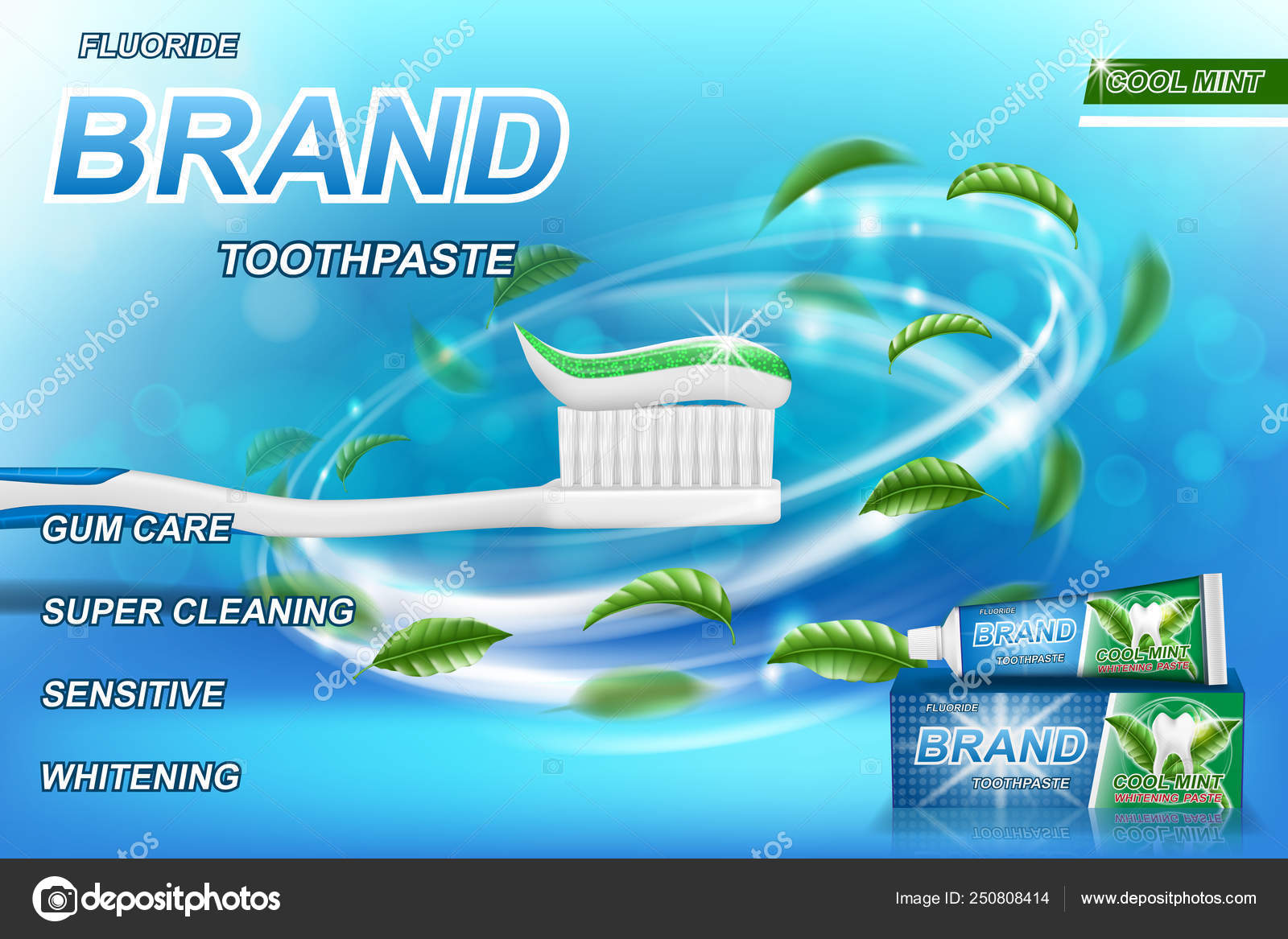 미 백 치약 광고, 민트 잎 배경. 치아 치약 포스터 또는 광고에 대 한 모델 및 제품 패키지 디자인. 3 차원 벡터 일러스트 레이  션. 스톡 벡터 - ©Sergey.85 250808414, image size:1600x1167