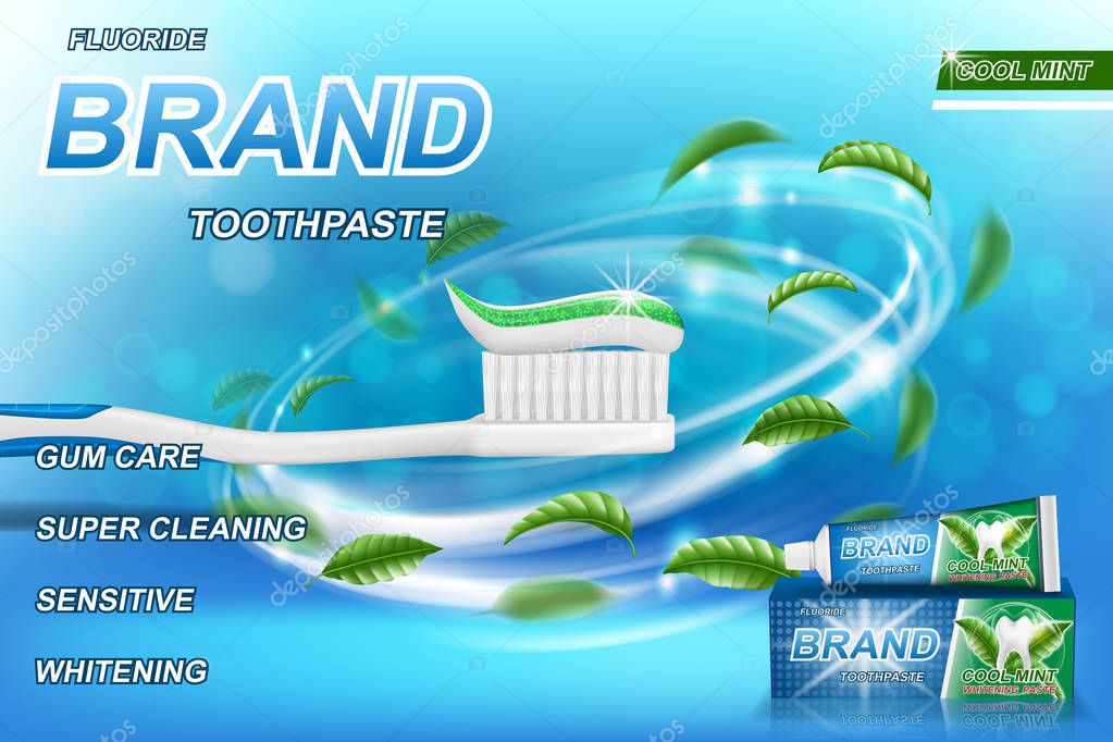 Whitening toothpaste ads, mint leaves background. Tooth model and product package design for toothpaste poster or advertising. 3d Vector illustration EPS 10