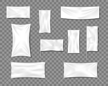 Pamuk beyaz boş düz bayrak poster veya afişini şablonları ayarlayın. 3D detaylı kumaş Tekstil afiş kıvrımları ile reklam için boş. Vektör çizim
