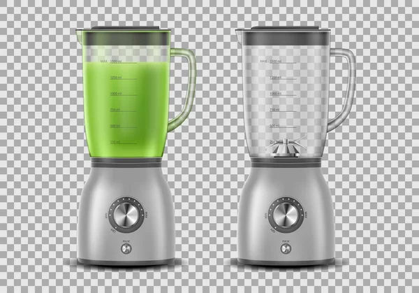 Uppsättning av realistiska Juicer blender. Kök mixer med ekologiska gröna Grönsaksjuice och Tom, drink 3d mixer isolerade. vektorillustration — Stock vektor