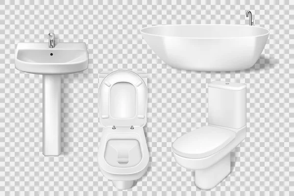 Gerçekçi banyo koleksiyonu şablonu. Beyaz temiz tuvalet, kase, lavabo, tuvalet lavabo. Mockup tuvalet ve lavabo Modern banyo iç için. Vektör çizim — Stok Vektör