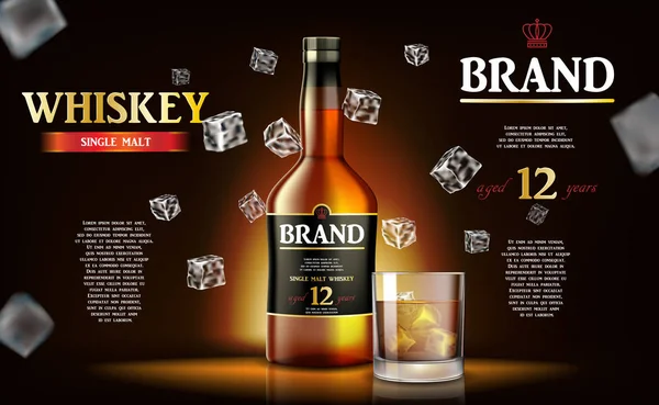 Whiskey-Werbung Etikettendesign. realistische Glas-Whiskeyflasche mit fliegenden Eiswürfeln auf dunklem Hintergrund. Vektor 3D Illustration — Stockvektor