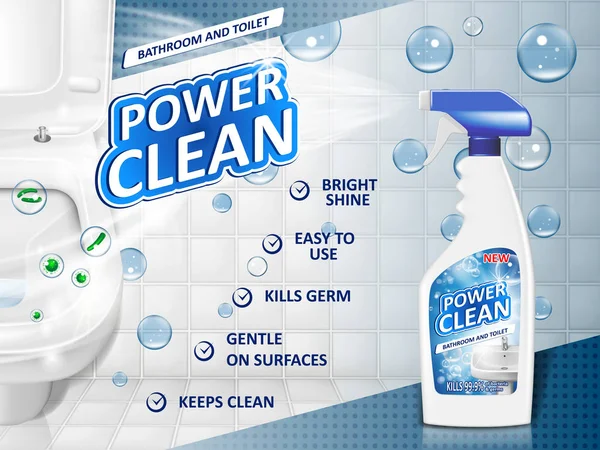 Μπάνιο καθαρισμού διαφήμιση αφίσα, κοροϊδεύω μπουκάλι σπρέι με απορρυπαντικό για νεροχύτη μπάνιο και τουαλέτα με φυσαλίδες. 3D απεικόνιση του διανύσματος — Διανυσματικό Αρχείο