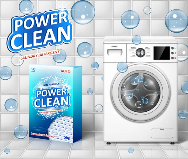 Waschmaschinenanzeige. Fleckenentferner-Banner mit realistischer Waschmaschinen- und Waschmittelverpackung mit sauberen Seifenblasen. Vektorillustration — Stockvektor