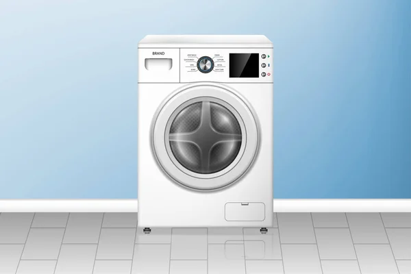 Máquina de lavar roupa realista em lavandaria vazia. Vista frontal da lavadora branca. Eletrodomésticos modernos. ilustração vetorial — Vetor de Stock