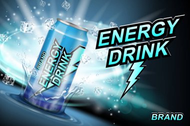 Enerji içecek etiket reklamlarla buz küpleri ve splash kara günü. Gerçekçi paket yıldırım tasarımı, enerji içeceği posteri veya başlığı için. 3D illüstrasyon vektör