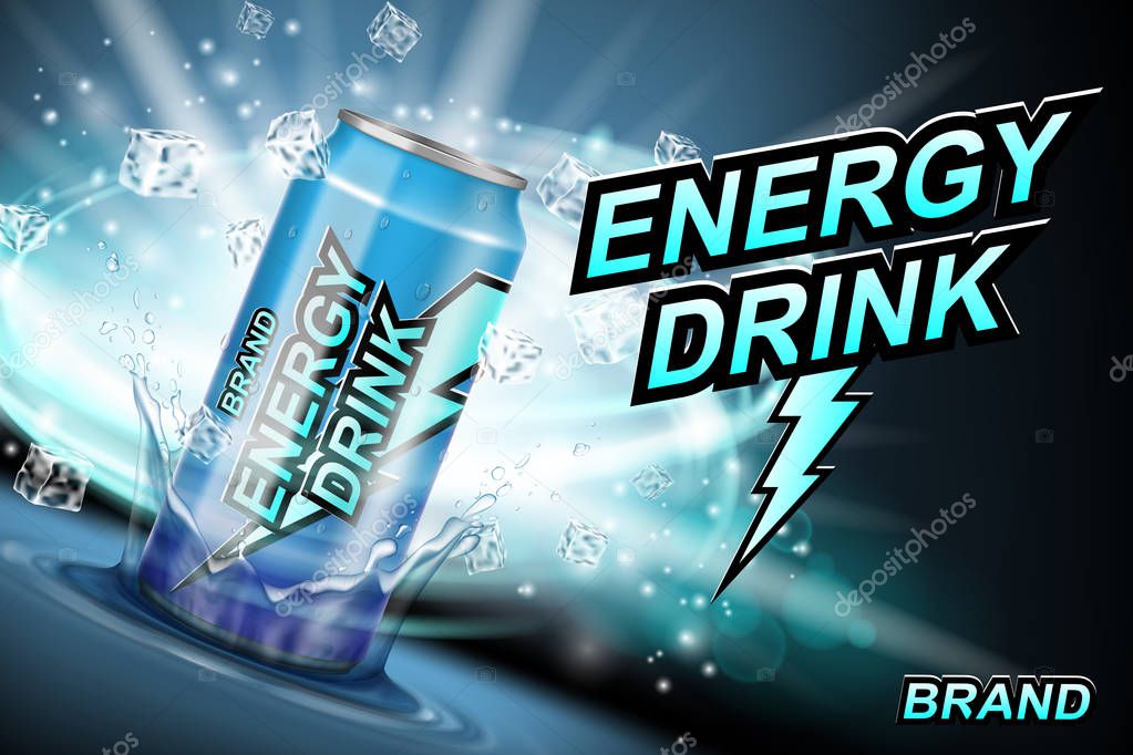 Energy drink label ads with ice cubes and splash on dark. Realistic package lightning design, energy drink for poster or banner. Vector 3d illustration EPS 10